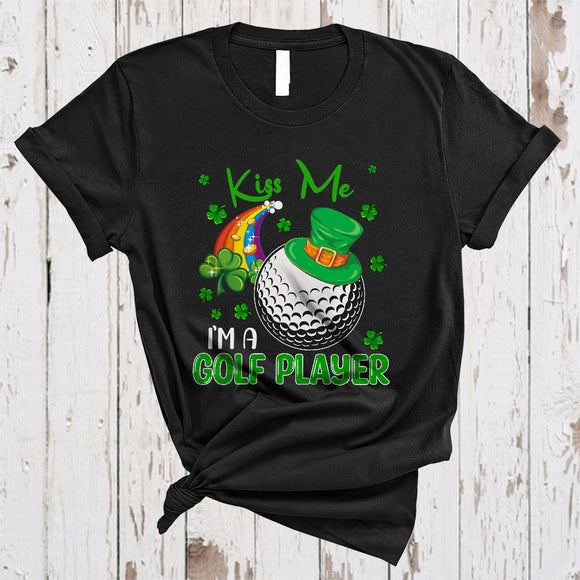 MacnyStore - Kiss Me I'm A Golf Player, Joyful St. Patrick's Day Leprechaun Sport Player, Shamrock Rainbow T-Shirt