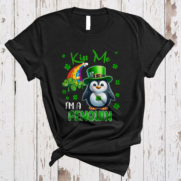 MacnyStore - Kiss Me I'm A Penguin, Adorable St. Patrick's Day Leprechaun Animal Lover, Shamrock Rainbow T-Shirt