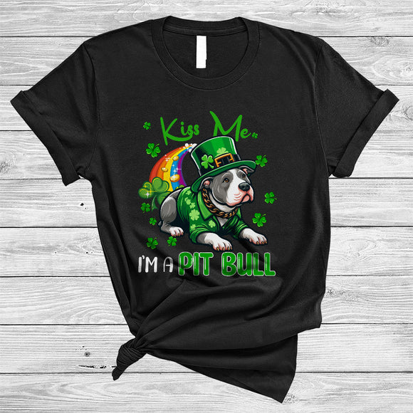 MacnyStore - Kiss Me I'm A Pit Bull, Lovely St. Patrick's Day Leprechaun, Shamrocks Rainbow Animal Lover T-Shirt