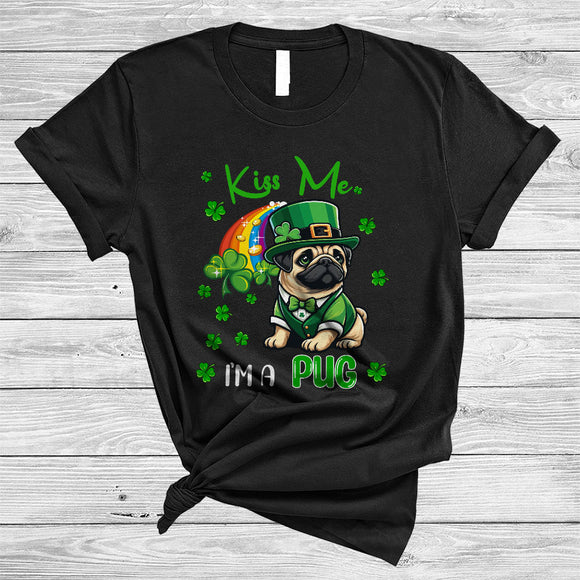 MacnyStore - Kiss Me I'm A Pug, Lovely St. Patrick's Day Leprechaun, Shamrocks Rainbow Animal Lover T-Shirt