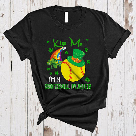 MacnyStore - Kiss Me I'm A Softball Player, Joyful St. Patrick's Day Leprechaun Sport Player, Shamrock Rainbow T-Shirt