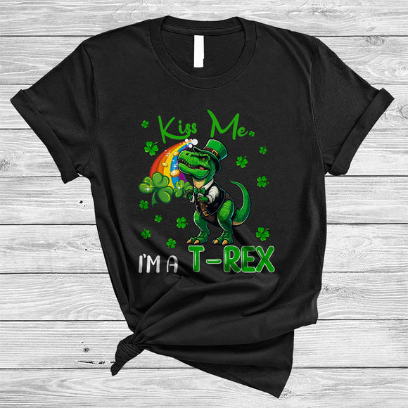 MacnyStore - Kiss Me I'm A T-Rex, Lovely St. Patrick's Day Leprechaun, Shamrocks Rainbow Dinosaur Lover T-Shirt
