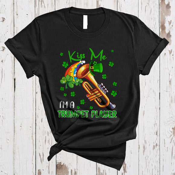 MacnyStore - Kiss Me I'm A Trumpet Player, Joyful St. Patrick's Day Leprechaun Musician, Shamrock Rainbow T-Shirt