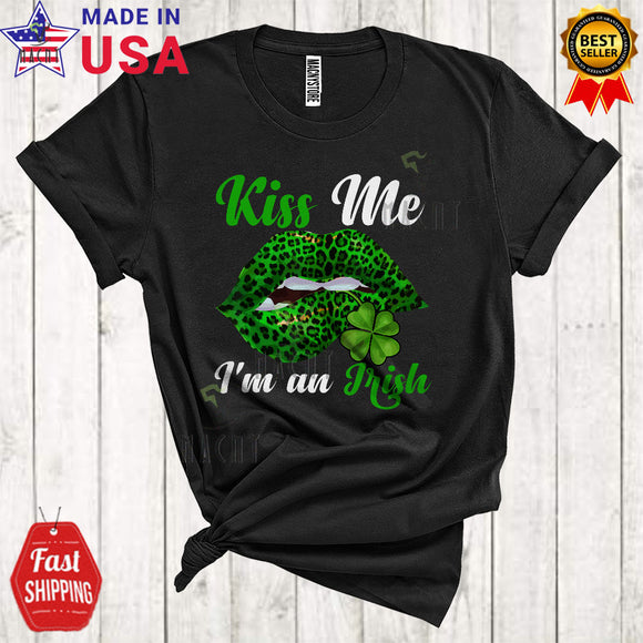 MacnyStore - Kiss Me I'm An Irish Cute Cool St. Patrick's Day Matching Women Shamrock Leopard Lips Lover T-Shirt