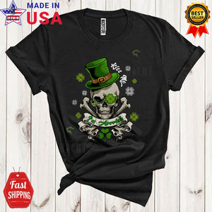 MacnyStore - Kiss Me I'm Arrrish Funny Cool St. Patrick's Day Green Shamrock Leprechaun Pirate Skull Lover T-Shirt