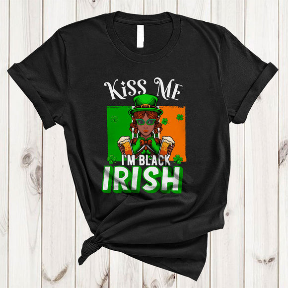 MacnyStore - Kiss Me I'm Black Irish, Amazing St. Patrick's Day Irish Flag African Woman, Afro Pride Shamrock T-Shirt
