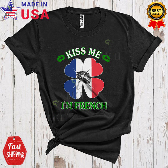 MacnyStore - Kiss Me I'm French Cute Funny St. Patrick's Day Lips French Flag Shamrock Shape Lover T-Shirt