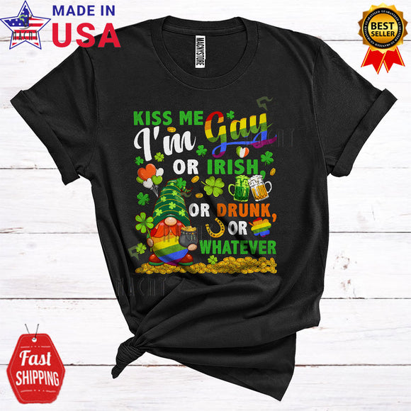 MacnyStore - Kiss Me I'm Gay Drunk Funny Cute St. Patrick's Day Irish Gnome LGBTQ Pride Shamrock Lover T-Shirt