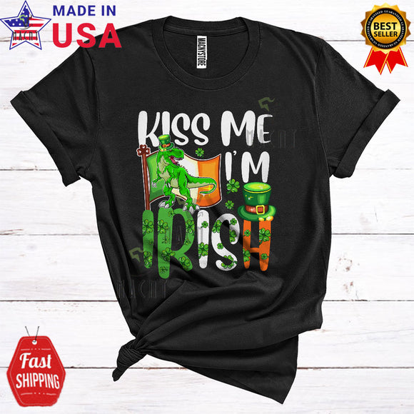MacnyStore - Kiss Me I'm Irish Cute Happy St. Patrick's Day Irish Flag Shamrock Leprechaun T-Rex Dinosaur Lover T-Shirt