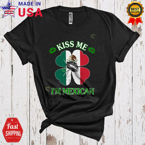 MacnyStore - Kiss Me I'm Mexican Cute Funny St. Patrick's Day Lips Mexican Flag Shamrock Shape Lover T-Shirt