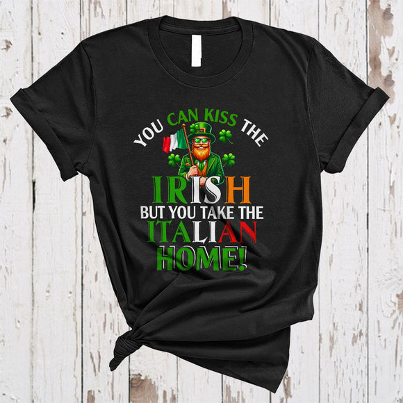 MacnyStore - Kiss The Irish But You Take The Italian Home, Sarcastic St. Patrick's Day Leprechaun, Italian Proud T-Shirt