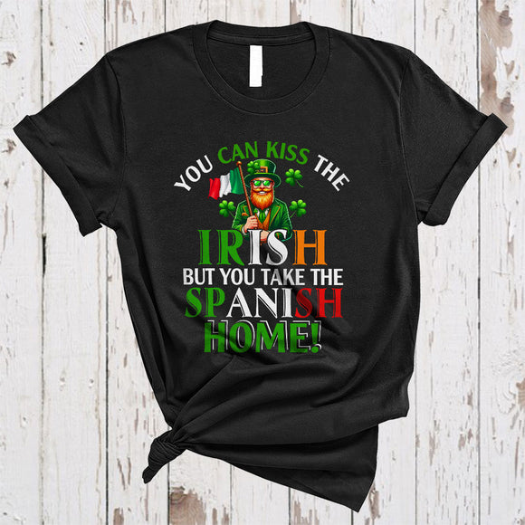 MacnyStore - Kiss The Irish But You Take The Spanish Home, Sarcastic St. Patrick's Day Leprechaun, Spanish Proud T-Shirt