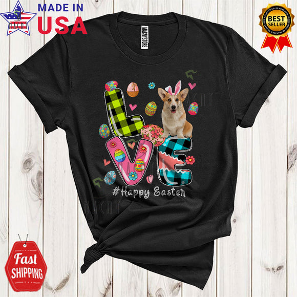 MacnyStore - LOVE Happy Easter Cool Cute Easter Eggs Hunt Flowers Plaid Bunny Corgi Dog Lover T-Shirt