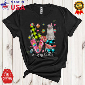 MacnyStore - LOVE Happy Easter Cool Cute Easter Eggs Hunt Flowers Plaid Bunny Ragdoll Cat Lover T-Shirt