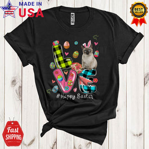 MacnyStore - LOVE Happy Easter Cool Cute Easter Eggs Hunt Flowers Plaid Bunny Siamese Cat Lover T-Shirt