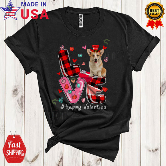 MacnyStore - LOVE Happy Valentine Cute Cool Valentine's Day Hearts Plaid Corgi Dog Owner Lover T-Shirt