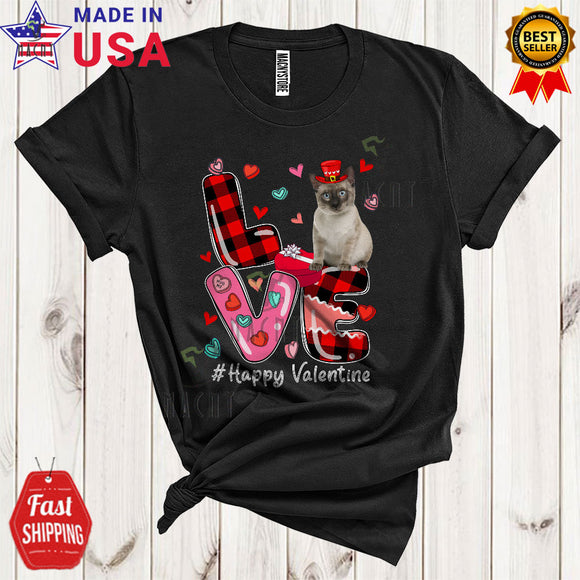 MacnyStore - LOVE Happy Valentine Cute Cool Valentine's Day Hearts Plaid Siamese Cat Owner Lover T-Shirt