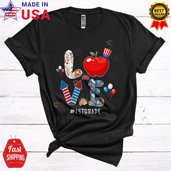 MacnyStore - LOVE 1st Grade Cute Cool 4th Of July Fireworks Apple Matching Student Teacher Teaching Lover T-Shirt