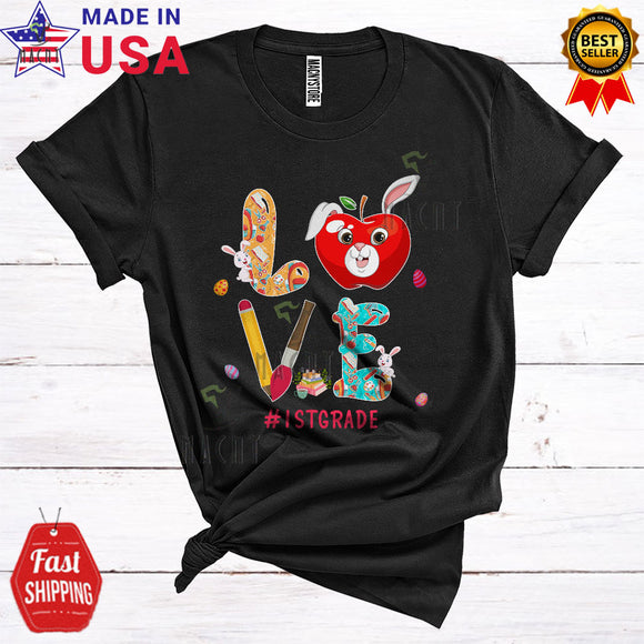 MacnyStore - LOVE 1st Grade Cute Cool Easter Day Egg Hunt Bunny Apple Matching Teacher Teaching Lover T-Shirt