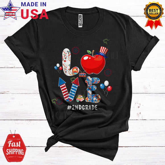 MacnyStore - LOVE 2nd Grade Cute Cool 4th Of July Fireworks Apple Matching Student Teacher Teaching Lover T-Shirt
