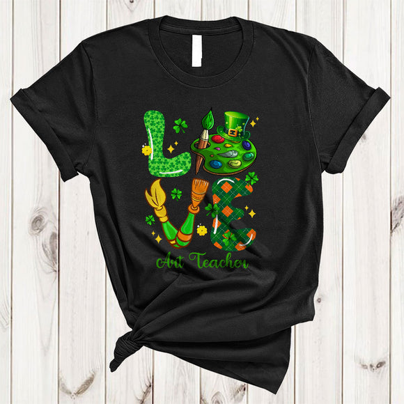 MacnyStore - LOVE Art Teacher, Awesome St. Patrick's Day Art Teacher Tools, Plaid Lucky Shamrock Lover T-Shirt