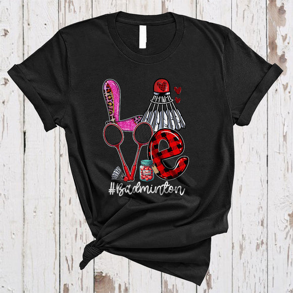 MacnyStore - LOVE Badminton, Amazing Plaid Leopard Valentine Badminton Player, Heart Shape Matching Sport Team T-Shirt