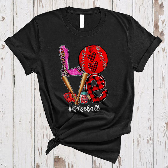 MacnyStore - LOVE Baseball, Amazing Plaid Leopard Valentine Baseball Player, Heart Shape Matching Sport Team T-Shirt