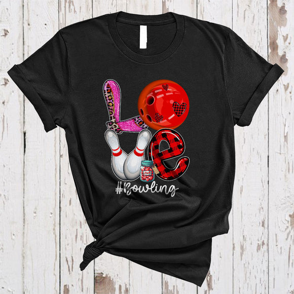 MacnyStore - LOVE Bowling, Amazing Plaid Leopard Valentine Bowling Player, Heart Shape Matching Sport Team T-Shirt