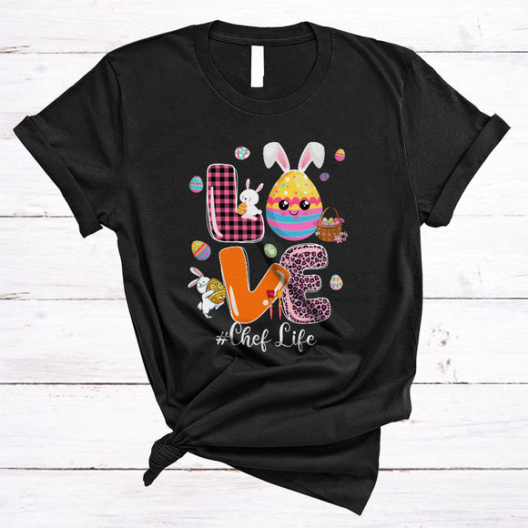 MacnyStore - LOVE Chef Life, Cute Easter Day Leopard Plaid Bunny Egg, Matching Egg Hunting Group T-Shirt
