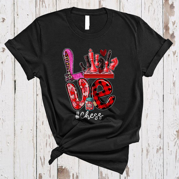 MacnyStore - LOVE Chess, Amazing Plaid Leopard Valentine Chess Player, Heart Shape Matching Sport Team T-Shirt
