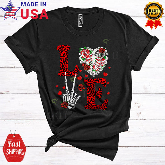 MacnyStore - LOVE Cool Cute Valentine's Day Leopard Roses Skeleton Heart Hand Matching Couple Lover T-Shirt