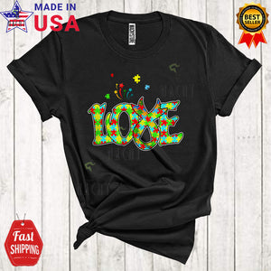 MacnyStore - LOVE Cool Funny Autism Awareness Puzzle Ribbon Lover Matching Family Group T-Shirt