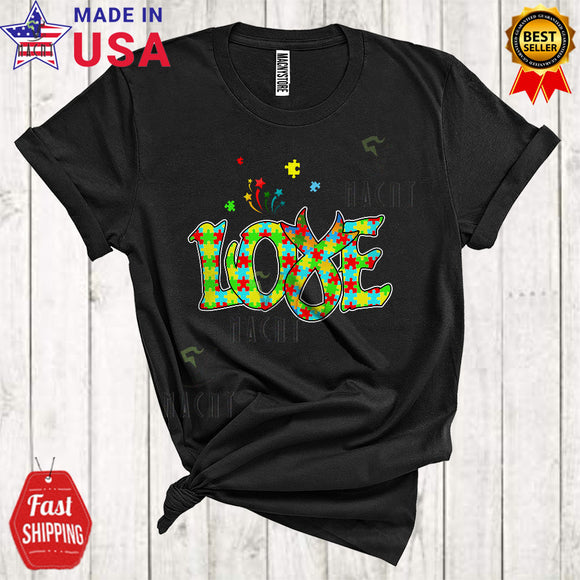MacnyStore - LOVE Cool Funny Autism Awareness Puzzle Ribbon Lover Matching Family Group T-Shirt