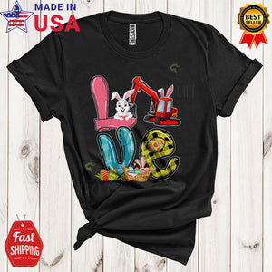 MacnyStore - LOVE Cool Happy Easter Day Plaid Bunny Eggs Hunt Matching Excavator Driver Lover T-Shirt