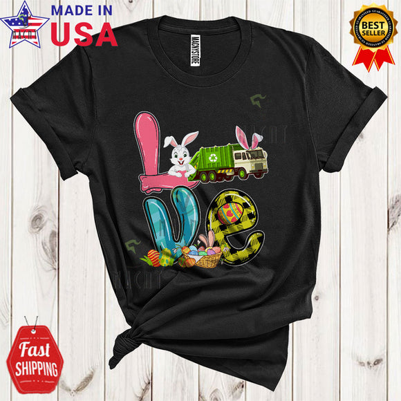 MacnyStore - LOVE Cool Happy Easter Day Plaid Bunny Eggs Hunt Matching Garbage Truck Driver Lover T-Shirt