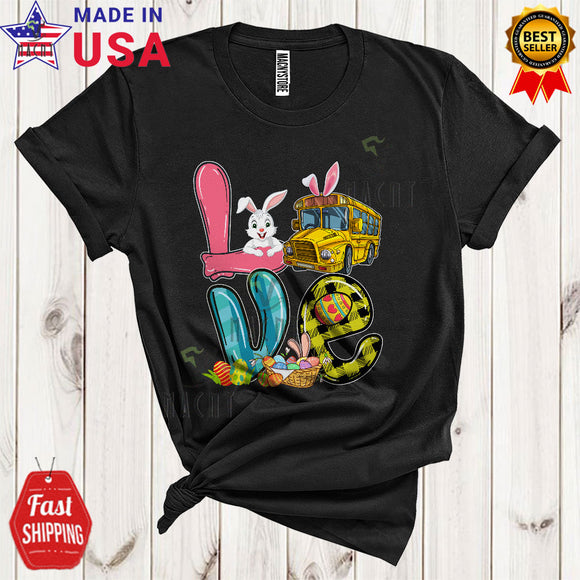 MacnyStore - LOVE Cool Happy Easter Day Plaid Bunny Eggs Hunt Matching School Bus Driver Lover T-Shirt