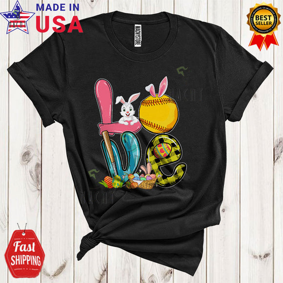 MacnyStore - LOVE Cool Happy Easter Day Plaid Bunny Eggs Softball Sport Player Team Lover T-Shirt