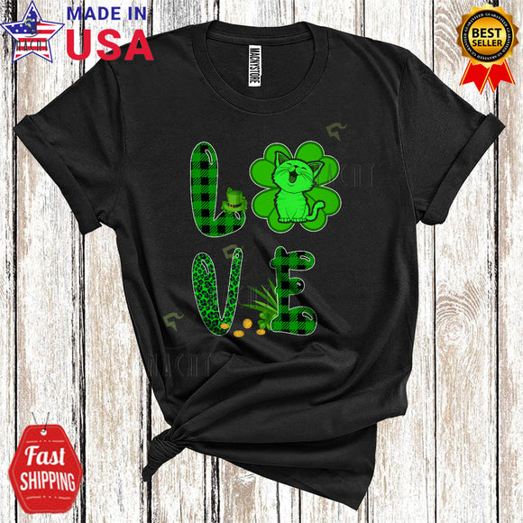 MacnyStore - LOVE Cute Cool St. Patrick's Day Green Leopard Plaid Shamrock Leprechaun Cat Owner Lover T-Shirt