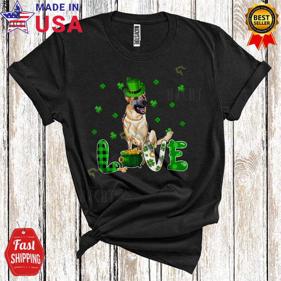 MacnyStore - LOVE Cute Cool St. Patrick's Day Plaid Irish Shamrocks Leprechaun German Shepherd Lover T-Shirt