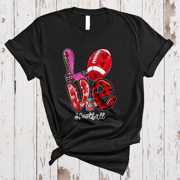 MacnyStore - LOVE Football, Amazing Plaid Leopard Valentine Football Player, Heart Shape Matching Sport Team T-Shirt