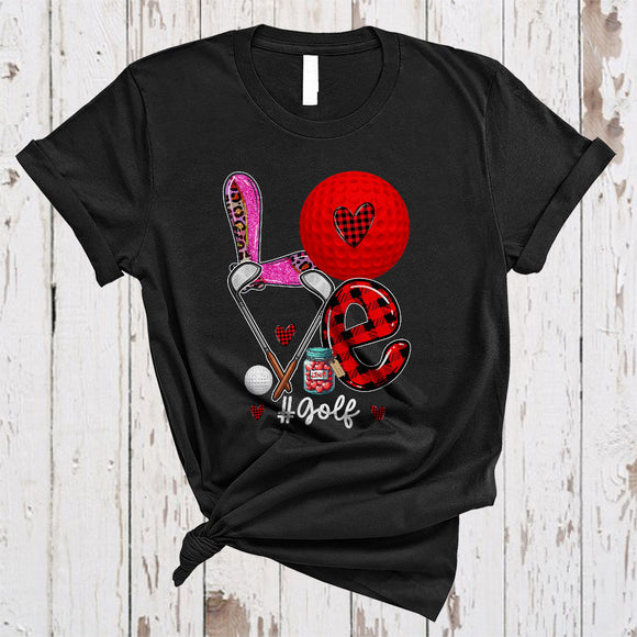 MacnyStore - LOVE Golf, Amazing Plaid Leopard Valentine Golf Player, Heart Shape Matching Sport Team T-Shirt