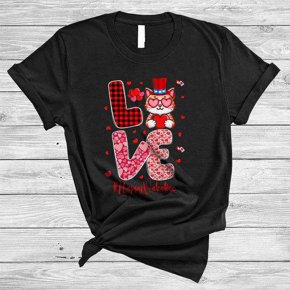 MacnyStore - LOVE Happy Valentine, Amazing Plaid Valentine's Day Cat Holding Heart, Couple Animal Lover T-Shirt
