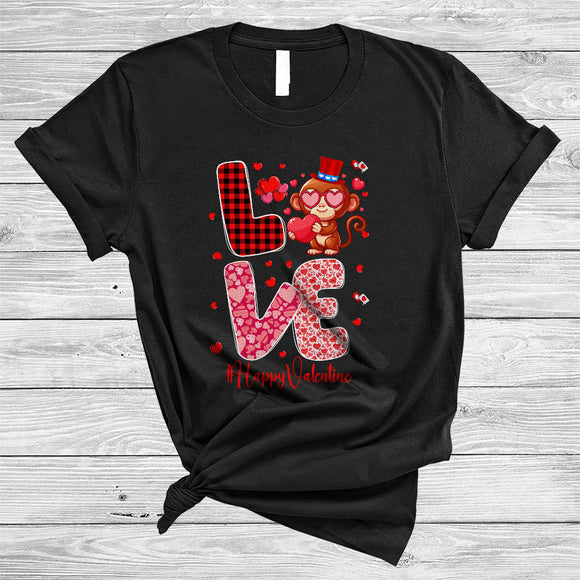 MacnyStore - LOVE Happy Valentine, Amazing Plaid Valentine's Day Monkey Holding Heart, Couple Animal Lover T-Shirt