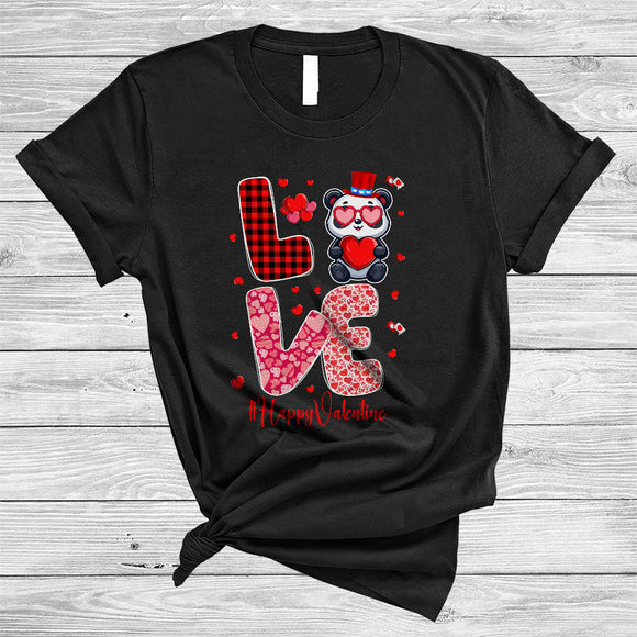 MacnyStore - LOVE Happy Valentine, Amazing Plaid Valentine's Day Panda Holding Heart, Couple Animal Lover T-Shirt