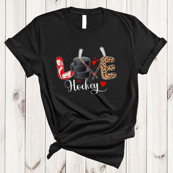 MacnyStore - LOVE Hockey, Joyful Leopard Hockey Tools, Matching Women Girls Sport Player Team Group T-Shirt