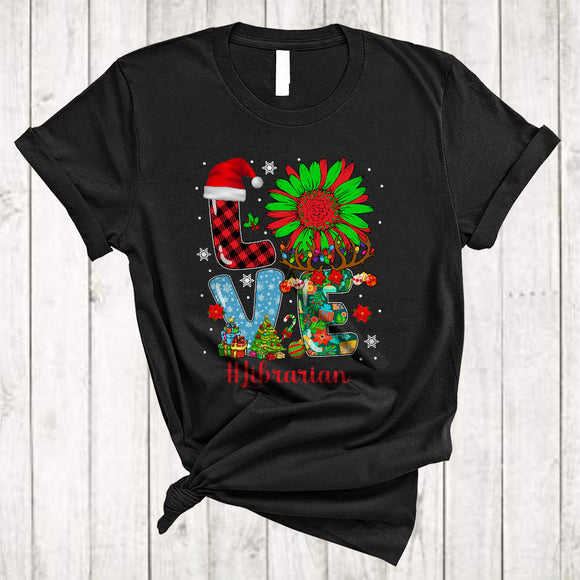 MacnyStore - LOVE Librarian, Cute Christmas Plaid Sunflower Reindeer, Librarian X-mas Group T-Shirt