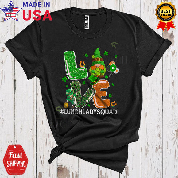 MacnyStore - LOVE Lunch Lady Squad Cool Happy St. Patrick's Day Leopard Shamrock Leprechaun Gnome Lover T-Shirt