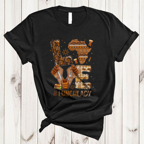 MacnyStore - LOVE Lunch Lady, Proud Black History Month Strong Hands African Map, Melanin Afro Group T-Shirt