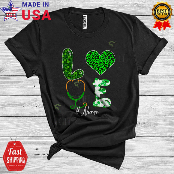 MacnyStore - LOVE Nurse Cool Cute St. Patrick's Day Irish Shamrock Leopard Nurse Tools Lover T-Shirt