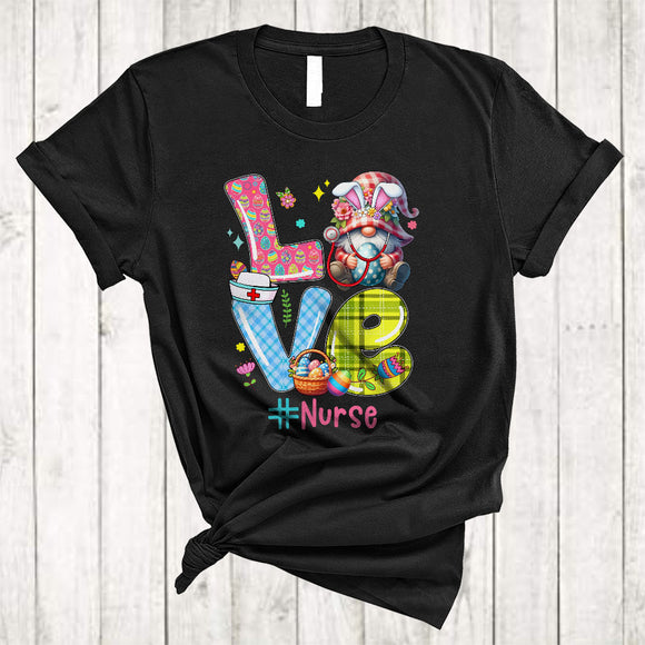 MacnyStore - LOVE Nurse, Adorable Easter Plaid Bunny Gnome Hunting Eggs, Matching Nurse Group T-Shirt